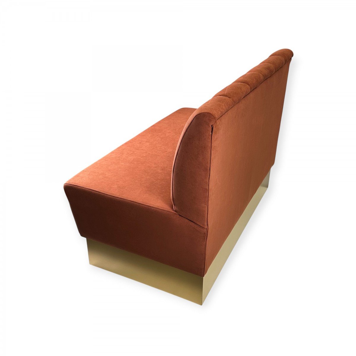 Luxury Upholstered Restaurant Bench Clara luxury restaurant bench in terracotta upholstery with vertical channelled backrest and matte gold HPL base