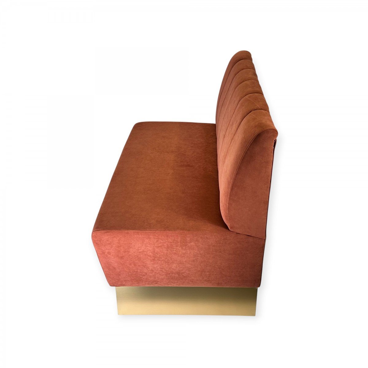 Luxury Upholstered Restaurant Bench Clara luxury restaurant bench in terracotta upholstery with vertical channelled backrest and matte gold HPL base