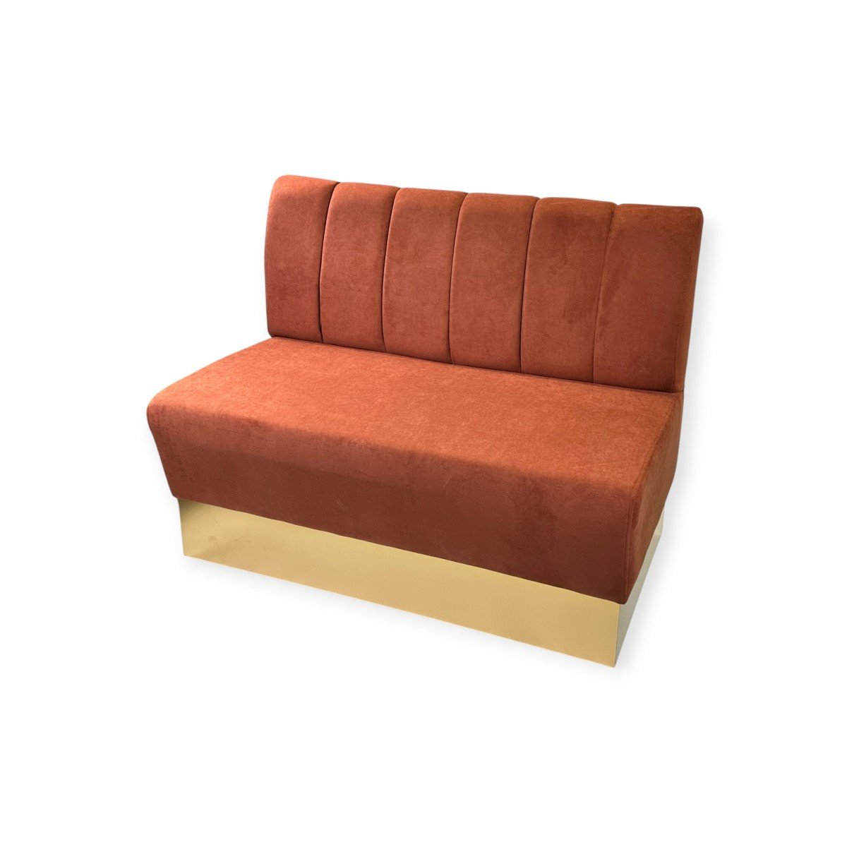 Luxury Upholstered Restaurant Bench Clara luxury restaurant bench in terracotta upholstery with vertical channelled backrest and matte gold HPL base