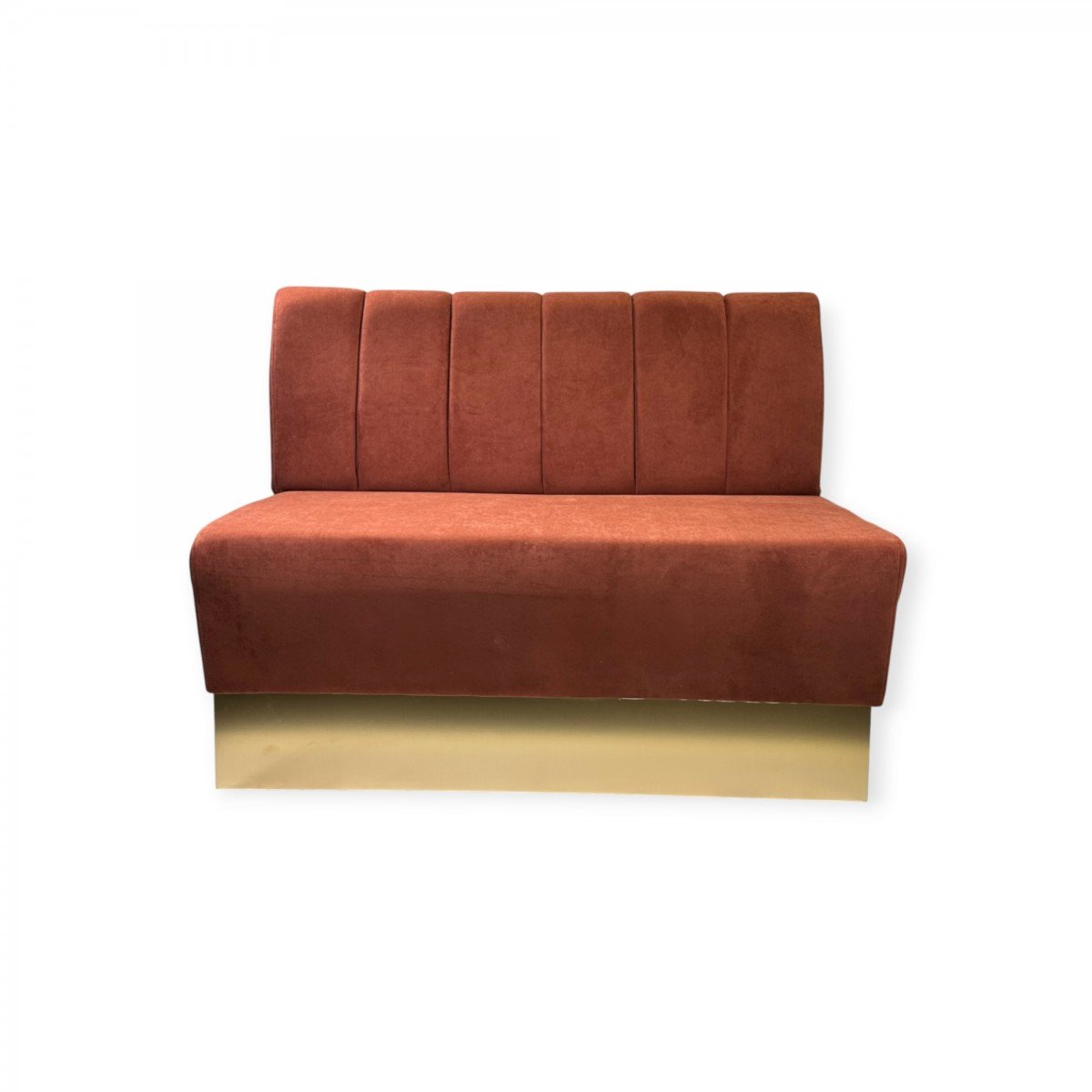 Luxury Upholstered Restaurant Bench Clara luxury restaurant bench in terracotta upholstery with vertical channelled backrest and matte gold HPL base