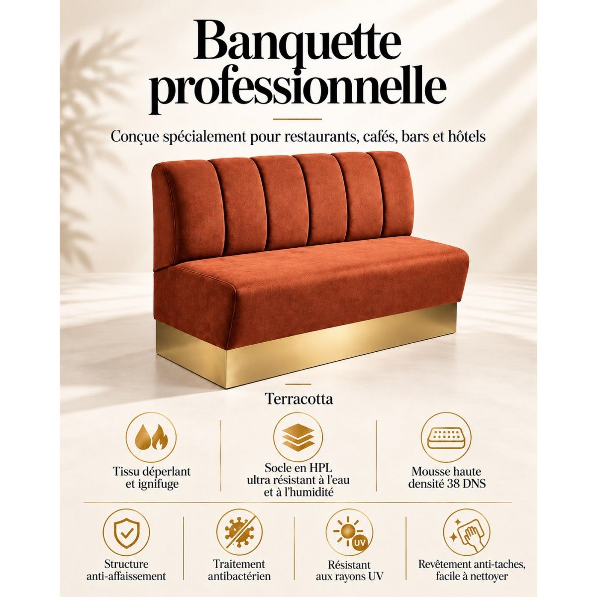 Luxury Upholstered Restaurant Bench Clara luxury restaurant bench in terracotta upholstery with vertical channelled backrest and matte gold HPL base