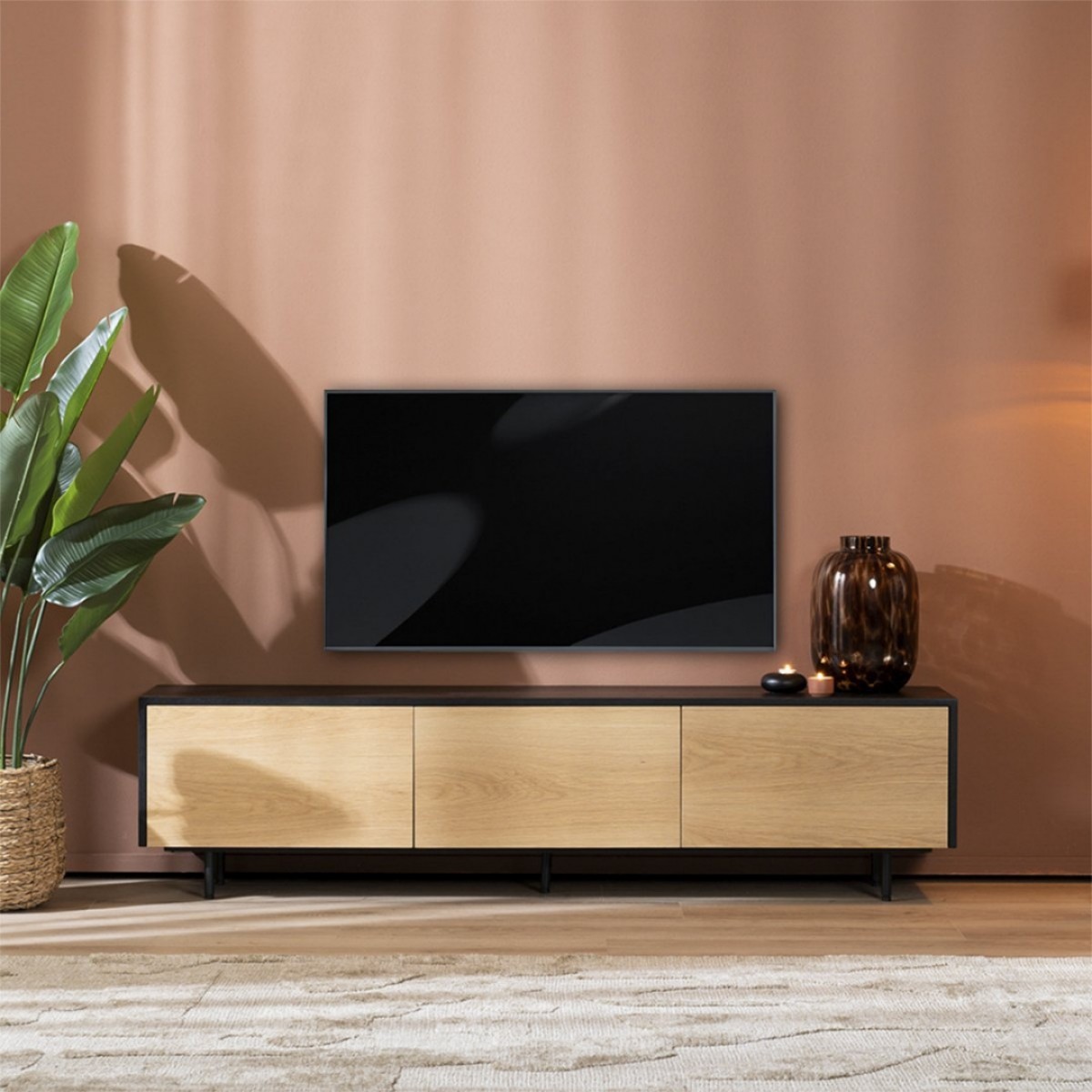 Meuble TV Avento Noir / Chêne Natural 180 cm